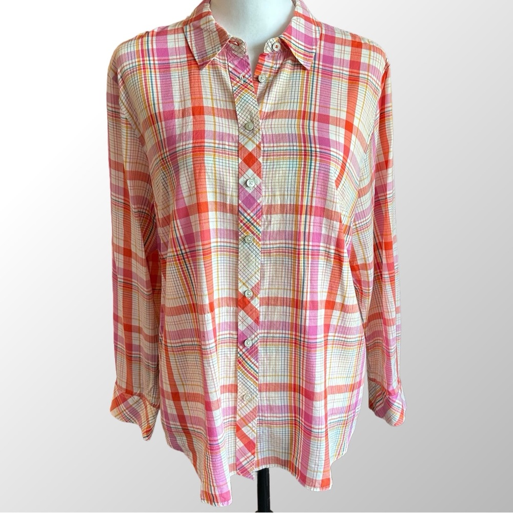 Talbots Shirt Size XLP Basket Pink Plaid Cotton Blend Button Down Collar Shirt